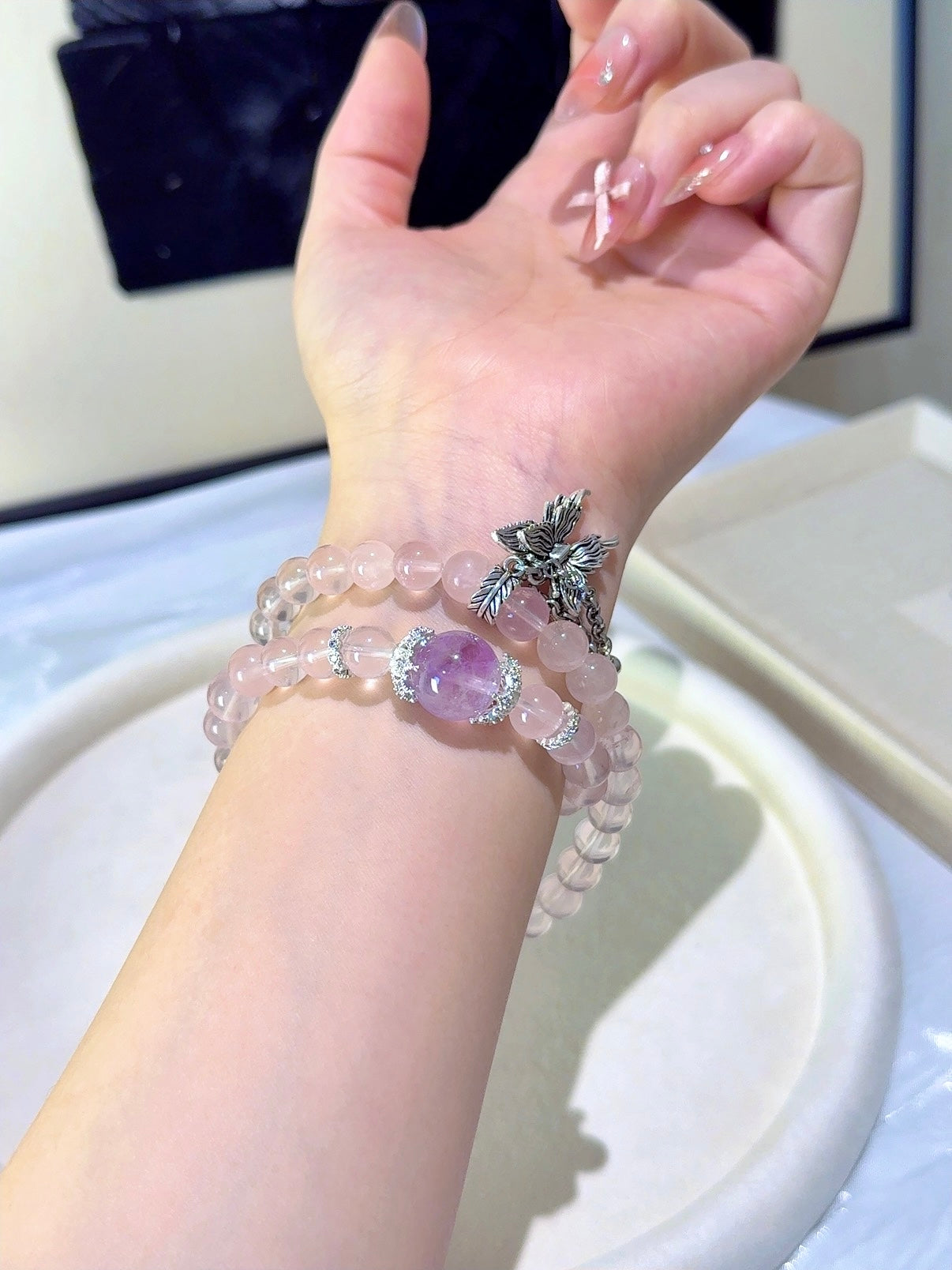 ▫️▪️ Pink crystal double circle butterfly bracelet